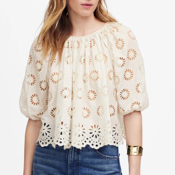 Madewell Tops - Madewell Embroidered Shirred Puff-Sleeve Top Size Large